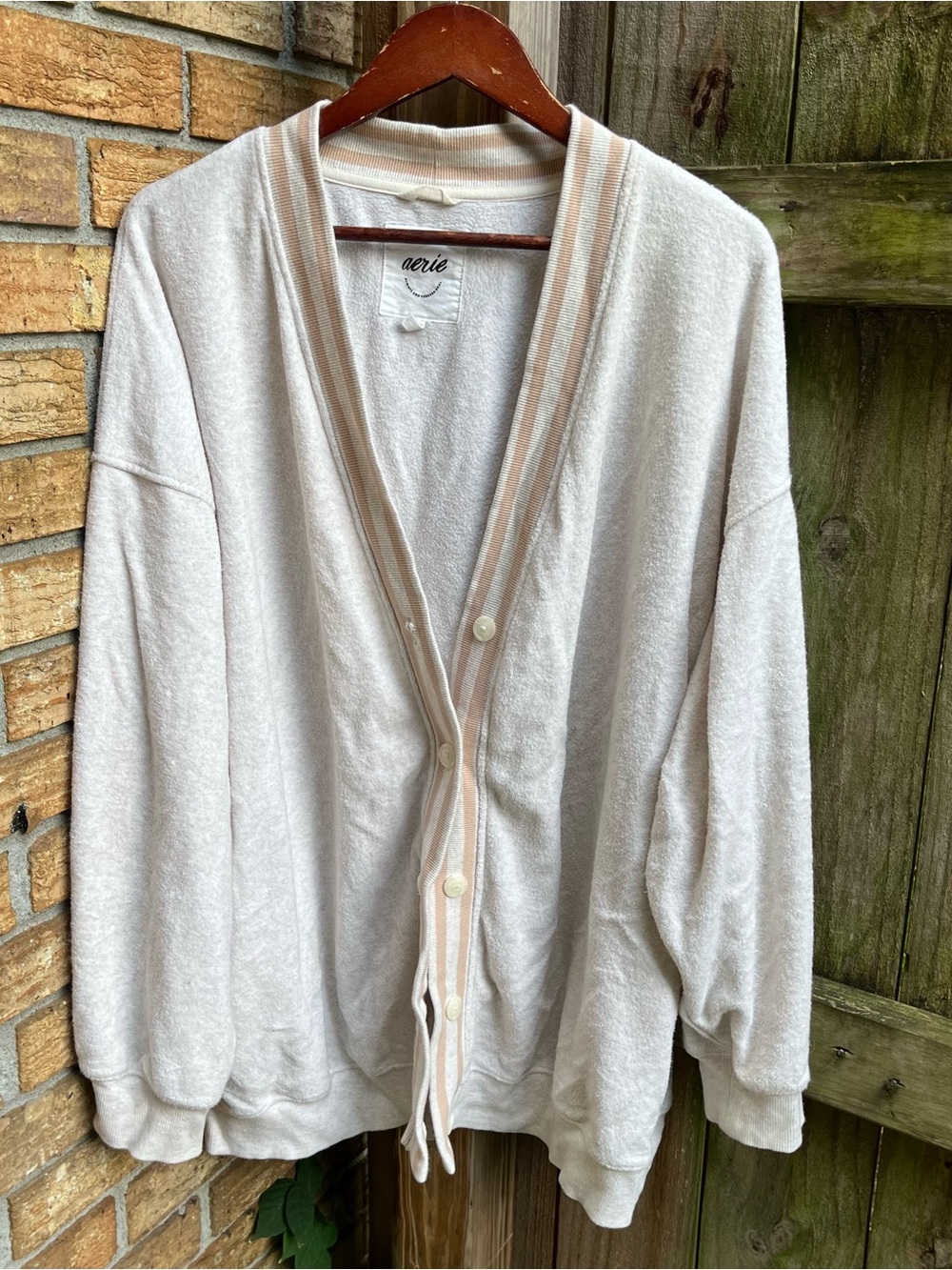 Aerie Oversized Cream Cardigan with Pale Pink Trim